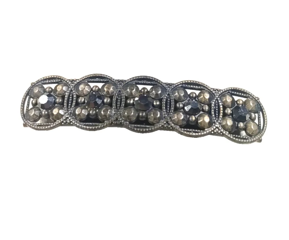 Gun Metal Black Rhinestone Hair Barrette Tension Clip Geometric Shape Circles...